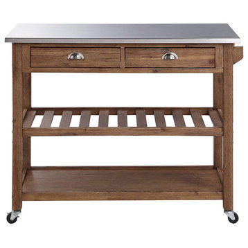 Kitchen Cart, Acacia Wood Construction and Stainless Steel Top With Drop Leaf