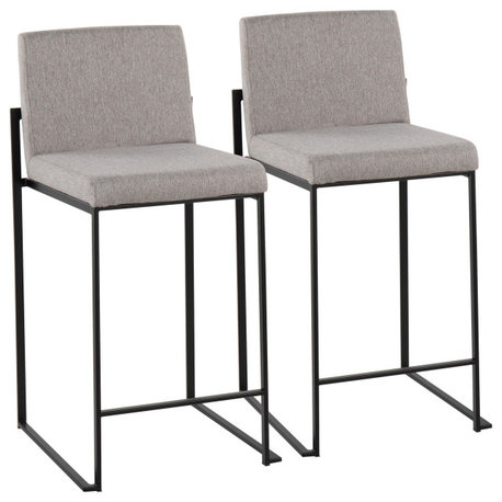 Fuji High Back Counter Stool, Set of 2, Black Steel, Gray Fabric