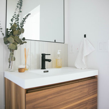 Vertical White Glass Tile Backsplash