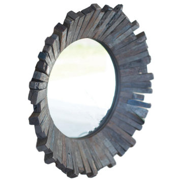 Round Rustic 32" Recycled Wood Frame Wall Mirror Sunburst Strips