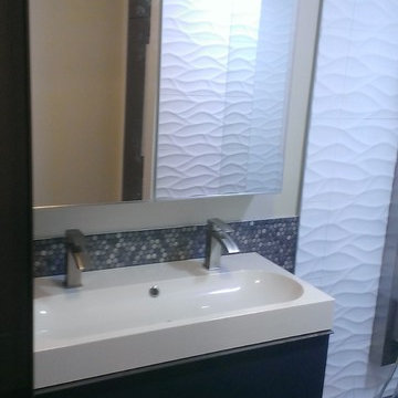 MASTER BATHROOM - Large Wave Tile Shower / Penny Tile Wainscot / Ikea Cabinets