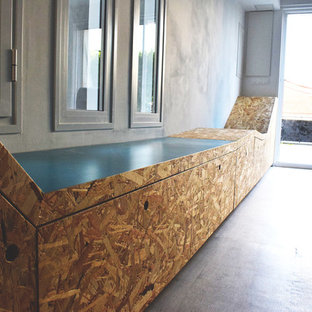 Small scandinavian kitchen pantry ideas - Example of a small danish l-shaped linoleum floor kitchen pantry design in Bordeaux with a drop-in sink, beaded inset cabinets, light wood cabinets, blue backsplash, white appliances and an island