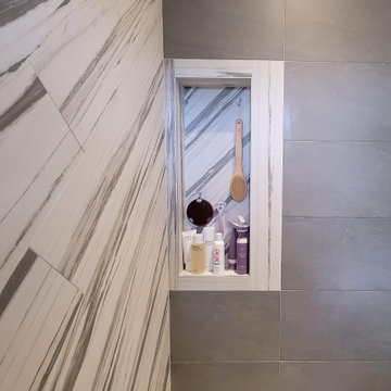 Diagonal striped tiles in bathroom shower