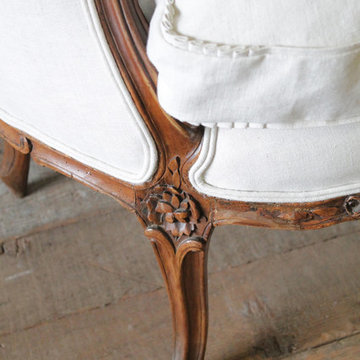 19th Century Carved Walnut Louis XV Style French Sofa Upholstered Belgian Linen