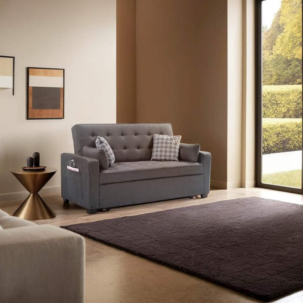 Modern Gray Fabric Sleeper Sofa Featuring USB Ports and Decorative ...