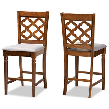 Gray Fabric Upholstered and Walnut Brown Finished Wood Counter Stool, Set of 2