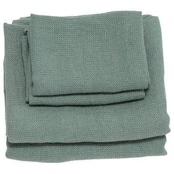 Spa Green Linen Bath Towels and Hand Towels Set Washed Waffle