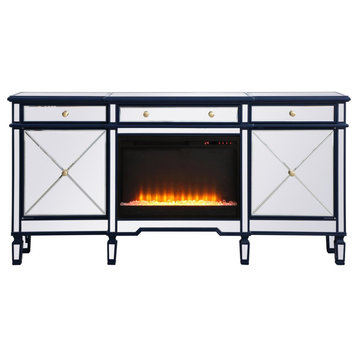 Elegant Decor MF61072BL-F2 Mirrored Credenza With Crystal Fireplace, Blue