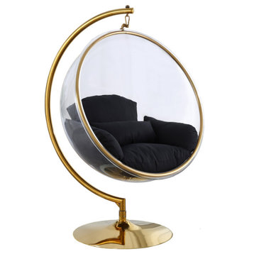 Luna Metal Acrylic Swing Bubble Accent Chair With Stand, Black, Gold Base