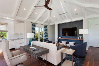 Family room - large contemporary loft-style medium tone wood floor family room idea in Miami with white walls, no fireplace and a wall-mounted tv