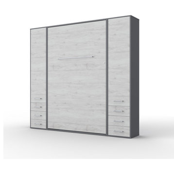 INVENTO Vertical Wall Bed With 2 Cabinets, Slate Grey/White Monaco, With Mattress 63 X 78.7 Inch