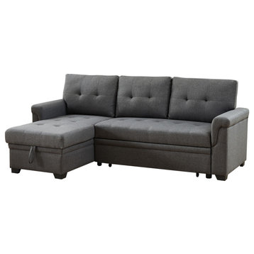 Sierra Linen Reversible Sleeper Sectional Sofa With Storage Chaise, Dark Gray