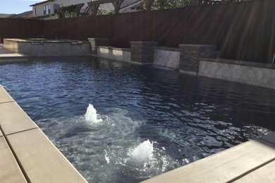 Ejemplo de piscina natural actual grande rectangular en patio trasero con losas de hormigón