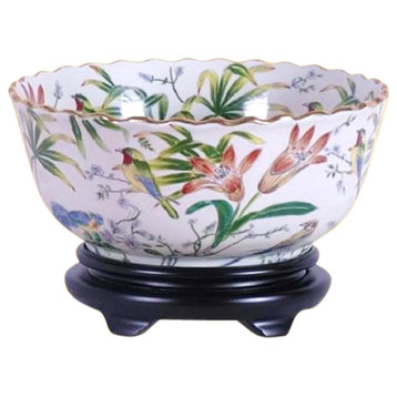 Chinese Multi Color Floral Bird Pattern Porcelain Bowl With Base 14"