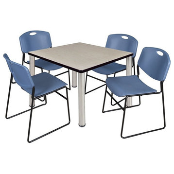 Kee 42" Square Breakroom Table, Maple/ Chrome and 4 Zeng Stack Chairs, Blue