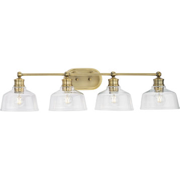Singleton 4-Light 36" Vintage Brass Farmhouse Vanity Light, Clear Glass Shades