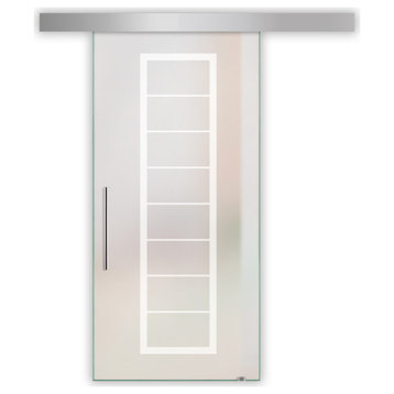 Sliding Glass Barn Door  With Geometric  Frosted Design ALU100, 36"x81", T-Handle Bars