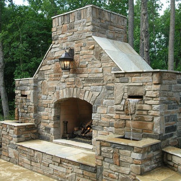Outdoor Living Fireplace and Seating Walls w/ Water Feature