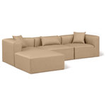 Meridian Furniture - Cube Upholstered Modular Sectional, Tan, 4-Piece: 1 Armless Chair, 2 Corner Chair, 1 Ottoman, Vegan Leather - Elevate your space with the luxurious Cube Vegan Leather Modular Sectional. This modular sectional exudes modern elegance, charm, and comfort making it a perfect addition to any contemporary living space. Its clean lines and cube shape are reminiscent of minimalist design, while the plush tan vegan leather upholstery adds a touch of luxury and sophistication. The chair's versatile construction and geometric aesthetic seamlessly integrate into various design styles, from sleek living rooms to chic home offices, embodying the essence of modern design and creating a sense of order and tranquility in your space.