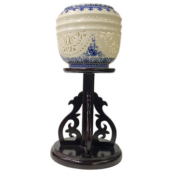 Chinese White Porcelain Shade Wood Pedestal Base Table Lamp Hws1356