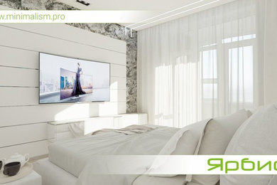 Mid-sized contemporary master bedroom in Moscow with white walls, carpet and white floor.