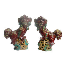 Pair Chinese Color Ceramic Fu Dogs Accent Home Figure cs602-4 - Decorative Objects And Figurines
