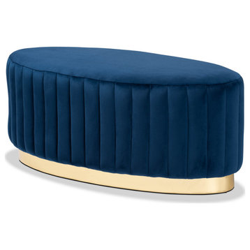 Kirana Glam and Luxe Navy Blue Velvet Upholstered and Gold PU Leather Ottoman