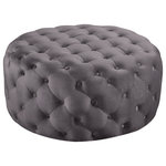 Meridian Furniture - Addison Velvet Upholstered Ottoman/Bench, Grey - Rest weary legs at day's end atop the welcoming comfort of this Addison grey velvet ottoman. This Hollywood-inspired ottoman features deep button tufting from top to bottom for a luxe look and is covered in velvety upholstery for added glam. The vibrant grey color makes a bold statement in your space. This substantially sized ottoman also doubles as an extra seat and is padded thickly for supreme comfort.