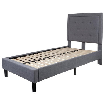 Contemporary Twin Size Bed Frame, Button Tufted Polyester Headboard, Light Grey