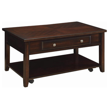 Traditional Coffee Table, Rectangular Lift Up Top With Lower Open Shelf, Walnut