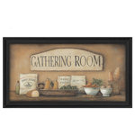 TrendyDecor4U - "Gathering Room" By Pam Britton, Printed Wall Art, Ready To Hang, Black Frame - "Gathering Room" is a 30"x16" black  framed art  print by Pam Britton.  This artwork features a tabletop with vegetables, bread and mixes and a sign that reads gathering room.  This totally American Made wall decor item features an decorative  black frame.  The framed art print has a protective, archival finish (glass is not needed) and arrives ready to hang.