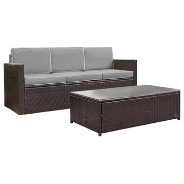 Palm Harbor Outdoor Wicker Sofa, Brown With Gray Cushions