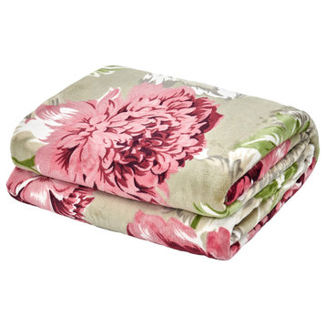 Floral Printed Flannel Throw, Geranium Red