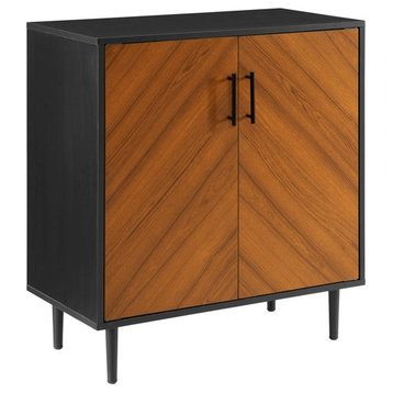 Retro Modern Storage Cabinet, 2 Bookmatch Patterned Doors & Metal Pulls, Black