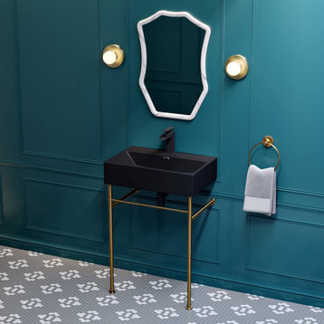 Modern Bathroom Sink, Brushed Gold Legs With Towel Bar & Matte Black Ceramic Top
