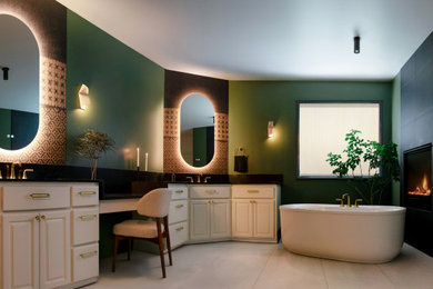 Bathroom - contemporary black tile and porcelain tile porcelain tile, white floor, double-sink and wallpaper bathroom idea in Seattle with green walls, an undermount sink, quartz countertops and black countertops