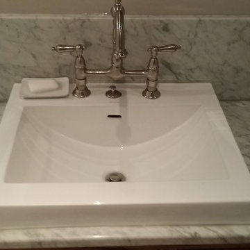White Walnut vanity with semi-recessed vessel sink