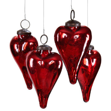 Set of 4 Antique Red Glass Heart Ornaments, 3" Tall