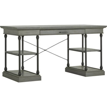 Industrial Desk, Metal Legs With Wooden Top & Open Comparments, Frost Gray