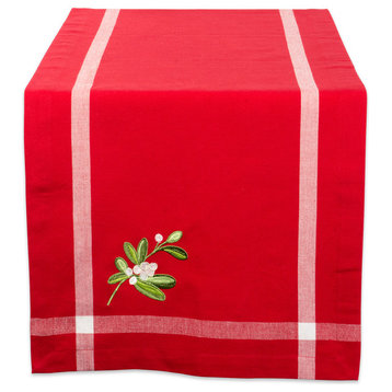 DII Red Embroidered Mistletoe Corner With Border Table Runner 14"x72"
