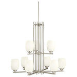 Kichler - Chandelier 9-Light, Brushed Nickel, Standard - Named after famed furniture designer Eileen Gray, The Eileen Collection features a clean, straight linear construction with simple glass for a style that is as unique and contemporary as Eileen Gray's. The fresh, weightless elegance of our Brushed Nickel finish complements the white etched glass perfectly to give the Eileen Collection added ambiance that is ideal for today's ever-evolving aesthetic. The 2-tiered, 9-light chandelier uses 100-watt (max.) bulbs and measures 30in. in diameter and 28in. high. It comes complete with 53in. of lead wire for easy installation.
