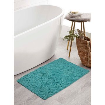 Bell Flower Collection Cotton Bath Rug, 21"x34", Turquoise
