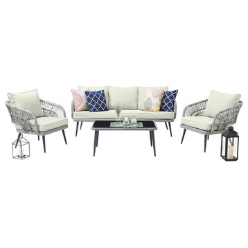 Manhattan Comfort Riviera Rope Wicker 4-Piece 5 Seater Patio Set