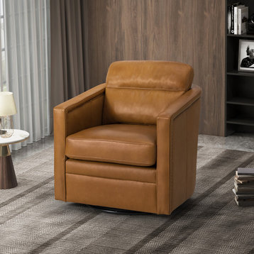 Marion 28.74" Wide Genuine Leather Swivel Chair, Camel