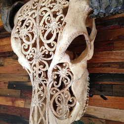 Hand Carved Skull - Water Buffalo, Lace Design, Tea Colored - Artwork