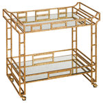 Currey & Company - Odeon Bar Cart - The Odeon Bar Cart has an Asian style with its skillful wrought iron fretwork in a Seneca gold leaf finish. The light Roche antique mirror surfaces and caster feet make this gold bar cart popular during happy hour and for the beauty it brings to a space. The grid pattern formed by the lines of this piece bring it a mid-century modern flair.
