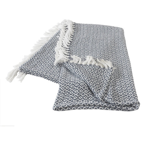 Diamonds Fringe Throw Blanket, Blue/Ivory