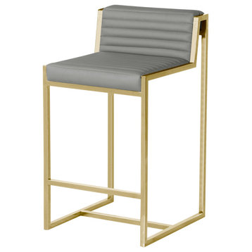 Giza Counter Stool, Brushed Gold Counter Stool, Faux Leather Ribbed Seat, Gray