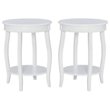Home Square Round Wood End Table with Shelf in White - Set of 2