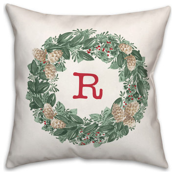 Christmas Wreath Monogram R 18x18 Spun Poly Pillow